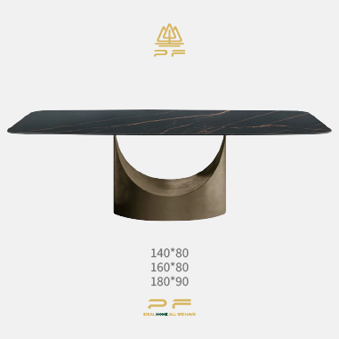 Art Deco - Inspired Dining Table  LHIHDE with Hollow Antique Brass Steel Base and Sintered Stone Top