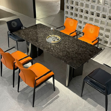 Modern High - Gloss Dining Table  JDUKD with Sintered Stone Top and Black Titanium Stainless Steel Base