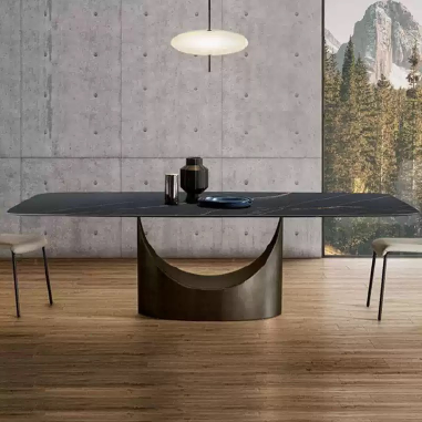 Art Deco - Inspired Dining Table  LHIHDE with Hollow Antique Brass Steel Base and Sintered Stone Top