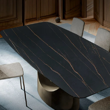 Art Deco - Inspired Dining Table  LHIHDE with Hollow Antique Brass Steel Base and Sintered Stone Top