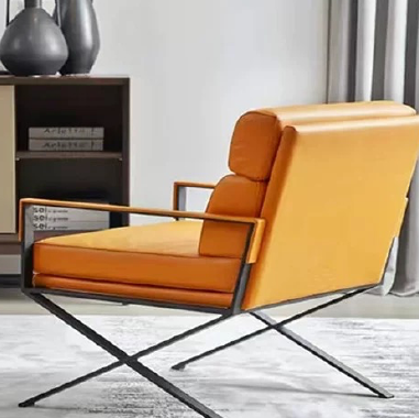 Modern Luxury Minimalist Accent Chair BEEDFE with Leather, High - Density Sponge - Black Metal Frame