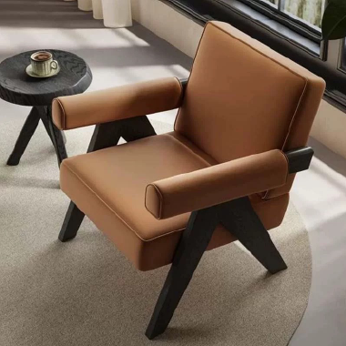Designer Accent Chair with Inverted V - Shaped Legs, Upholstered Seat - White Wax Wood LEENW