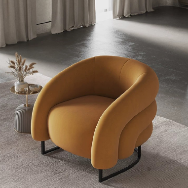 Designer Curved Accent Chair with Solid Wood Frame, High - Density Sponge - Black Iron Legs SOFILL