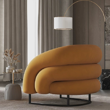 Designer Curved Accent Chair with Solid Wood Frame, High - Density Sponge - Black Iron Legs SOFILL