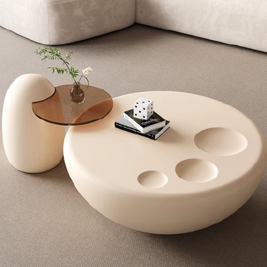 Modern Art Organic Shaped Coffee Table Set POLEE with Sculptural Glass-Top Side Table