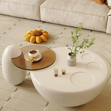 Modern Art Organic Shaped Coffee Table Set POLEE with Sculptural Glass-Top Side Table