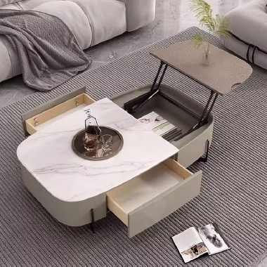 Modern Lift - Top Coffee Table  LDEOE with Stone, Wood - Carbon Steel Details