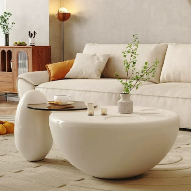Modern Art Organic Shaped Coffee Table Set POLEE with Sculptural Glass-Top Side Table