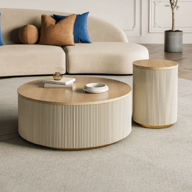 Modern Ribbed Round High-Low Coffee Table Set -MEELDE
