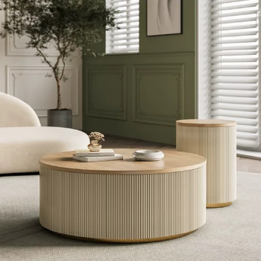 Modern Ribbed Round High-Low Coffee Table Set -MEELDE