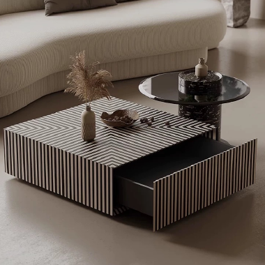 Modern Art Square Striped Lacquered - Round Tempered Glass Coffee Table POENKK