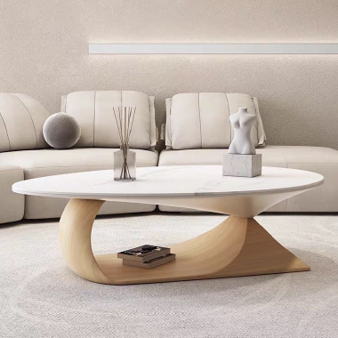 Modern Designer Oval Coffee Table PFKRE  - MDF Top - Solid Wood Base