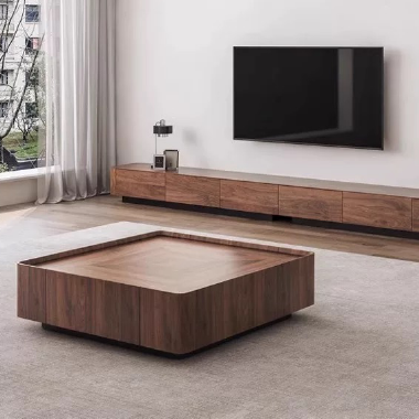 Rounded Square Walnut Storage Coffee Table PEJFIO  - Stylish Organization Solution