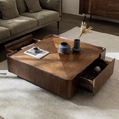 Rounded Square Walnut Storage Coffee Table PEJFIO  - Stylish Organization Solution