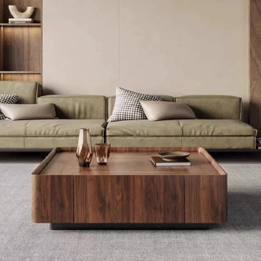 Rounded Square Walnut Storage Coffee Table PEJFIO  - Stylish Organization Solution