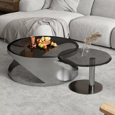 Modern Stainless Steel Titanium Coffee Table Set LDJEK - Dual Round Design