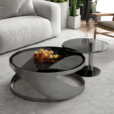 Modern Stainless Steel Titanium Coffee Table Set LDJEK - Dual Round Design