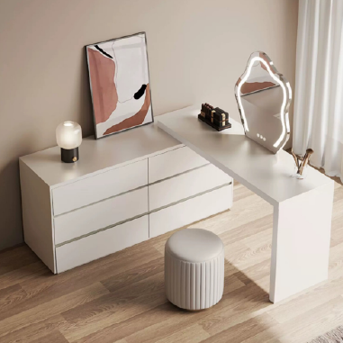 Stretchable L-Shaped Vanity Desk with Multi-Drawer Storage