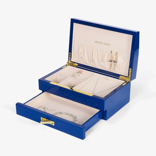 Square Sliding Drawer Blue Luxury Wooden Jewelry Box
