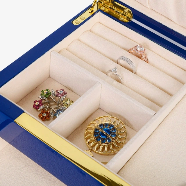 Square Sliding Drawer Blue Luxury Wooden Jewelry Box
