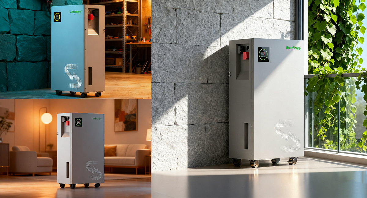 Active16 Pro solar battery installed in garage, living room, balcony and outdoor wall settings