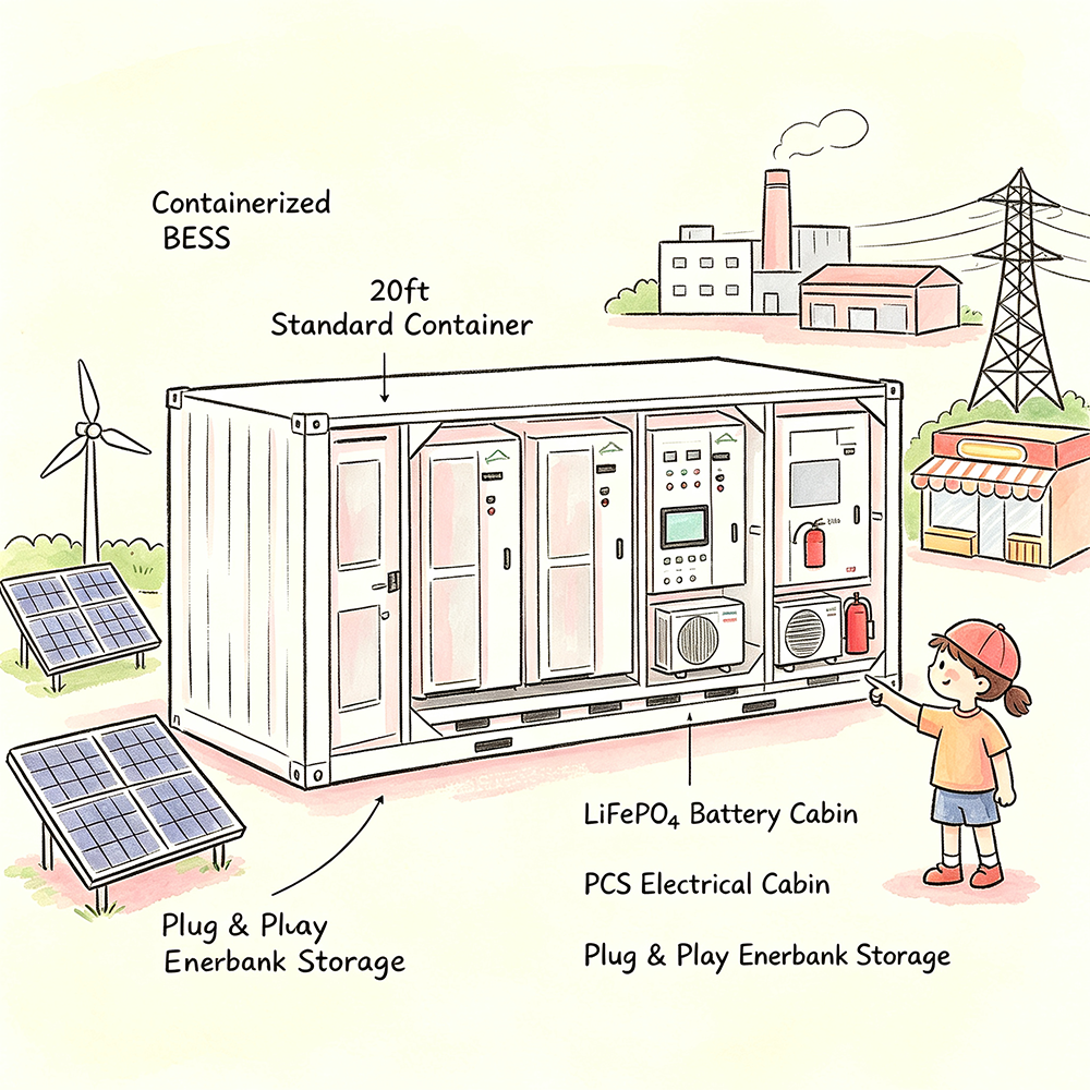 Containerized BESS 20ft standard container with LiFePO4 battery cabin, PCS electrical cabin, plug-and-play Enerbank storage integrated with solar panels and wind turbine