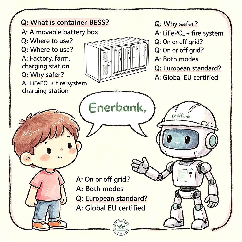 FAQ illustration with a child and Enerbank robot mascot discussing container BESS questions: what is it, where to use, why safer, on or off grid, and European standards