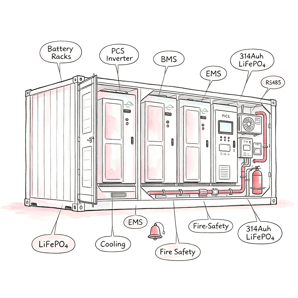 Containerized BESS internal layout showing battery racks, PCS inverter, BMS, EMS, 314Ah LiFePO4 cells, RS485 communication, cooling system, and fire safety systems