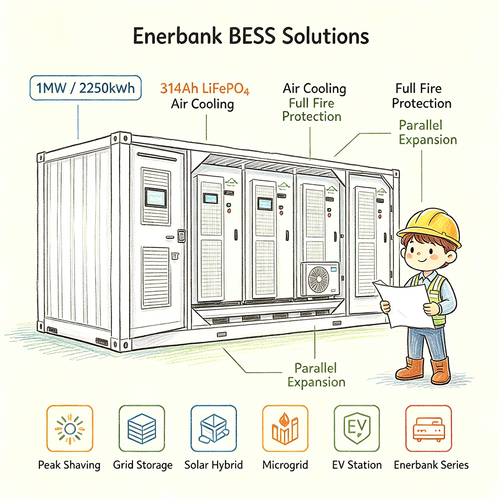 Enerbank BESS Solutions 1MW/2250kWh container with 314Ah LiFePO4 air cooling, full fire protection, and parallel expansion. Icons show applications: peak shaving, grid storage, solar hybrid, microgrid, EV station, and Enerbank series.