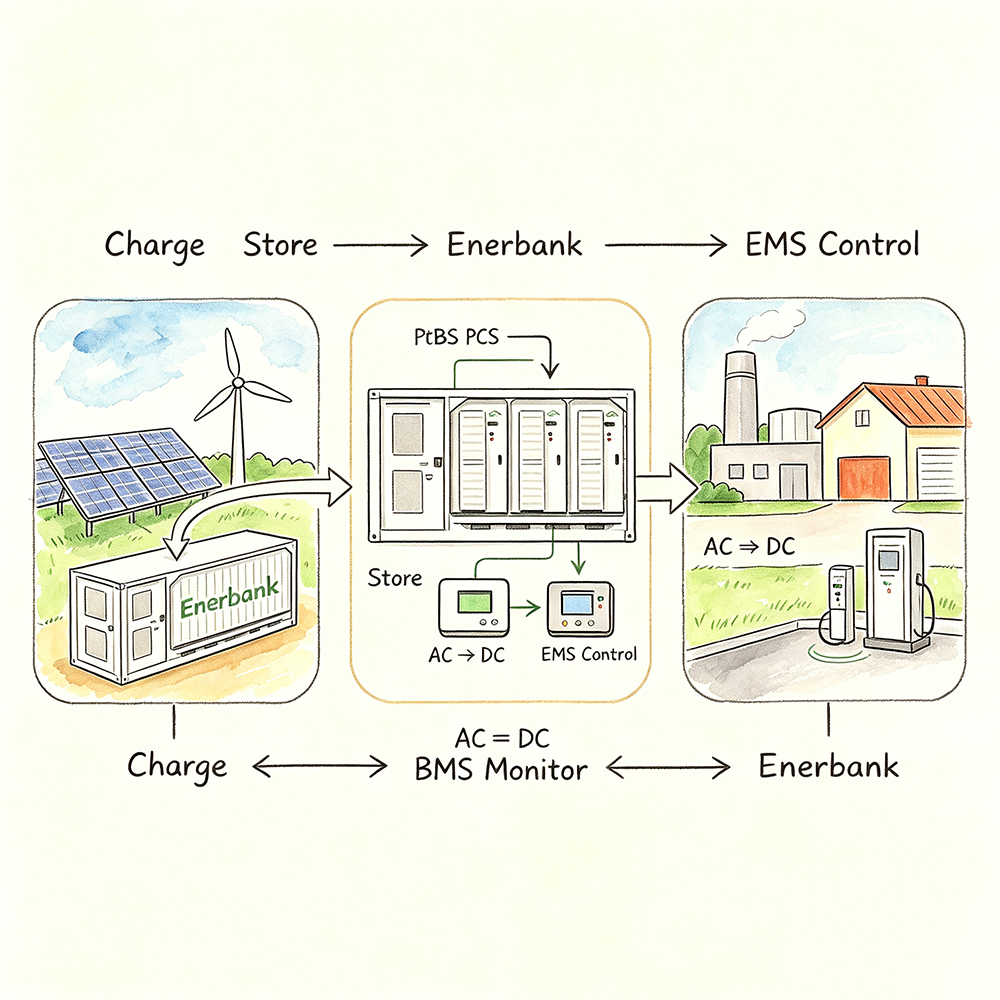 Containerized BESS workflow diagram showing charge from solar and wind, storage in Enerbank with PtBS PCS and EMS control, discharge to industrial and EV applications with BMS monitoring