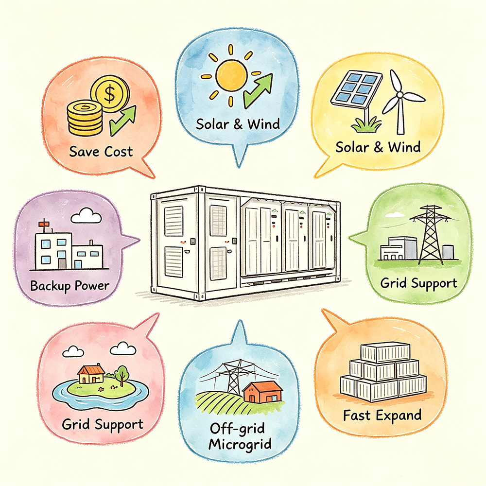 Containerized BESS functions and advantages infographic showing save cost, solar and wind integration, backup power, grid support, off-grid microgrid, and fast expand capabilities