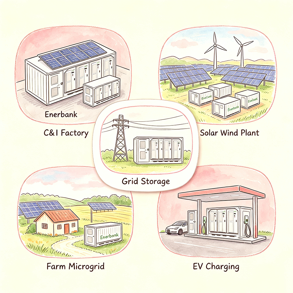 Five application scenarios for containerized BESS: C&I factory with rooftop solar, solar wind plant with multiple containers, grid storage connected to transmission tower, farm microgrid with residential solar, and EV charging station