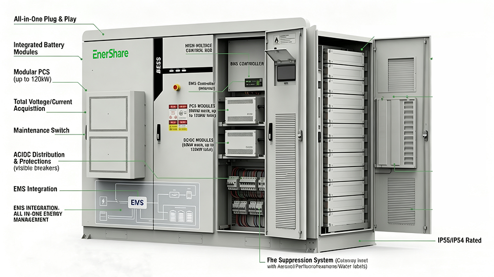 EnerBrick internal structure BMS EMS PCS integrated cabinet