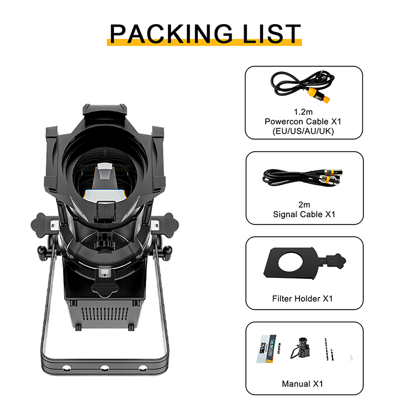 SHEHDS LED 350W CWW/RGBW/RGBL/RGBWA UV/RGBLAC Prime Lens/Optical Zoom LEKO lights compared For Church DJ Wedding