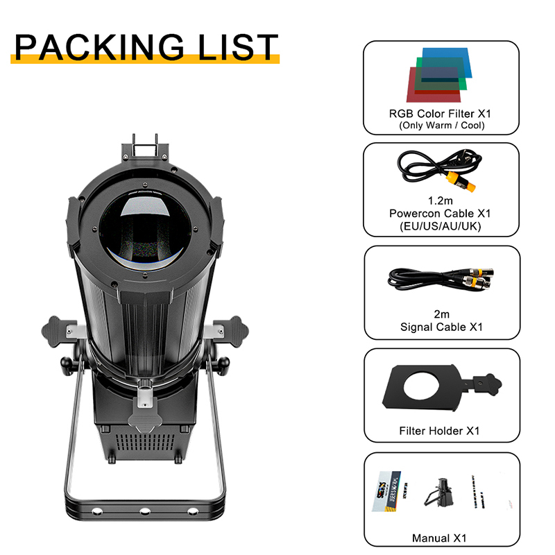 SHEHDS LED 350W CWW/RGBW/RGBL/RGBWA UV/RGBLAC Prime Lens/Optical Zoom LEKO lights compared For Church DJ Wedding