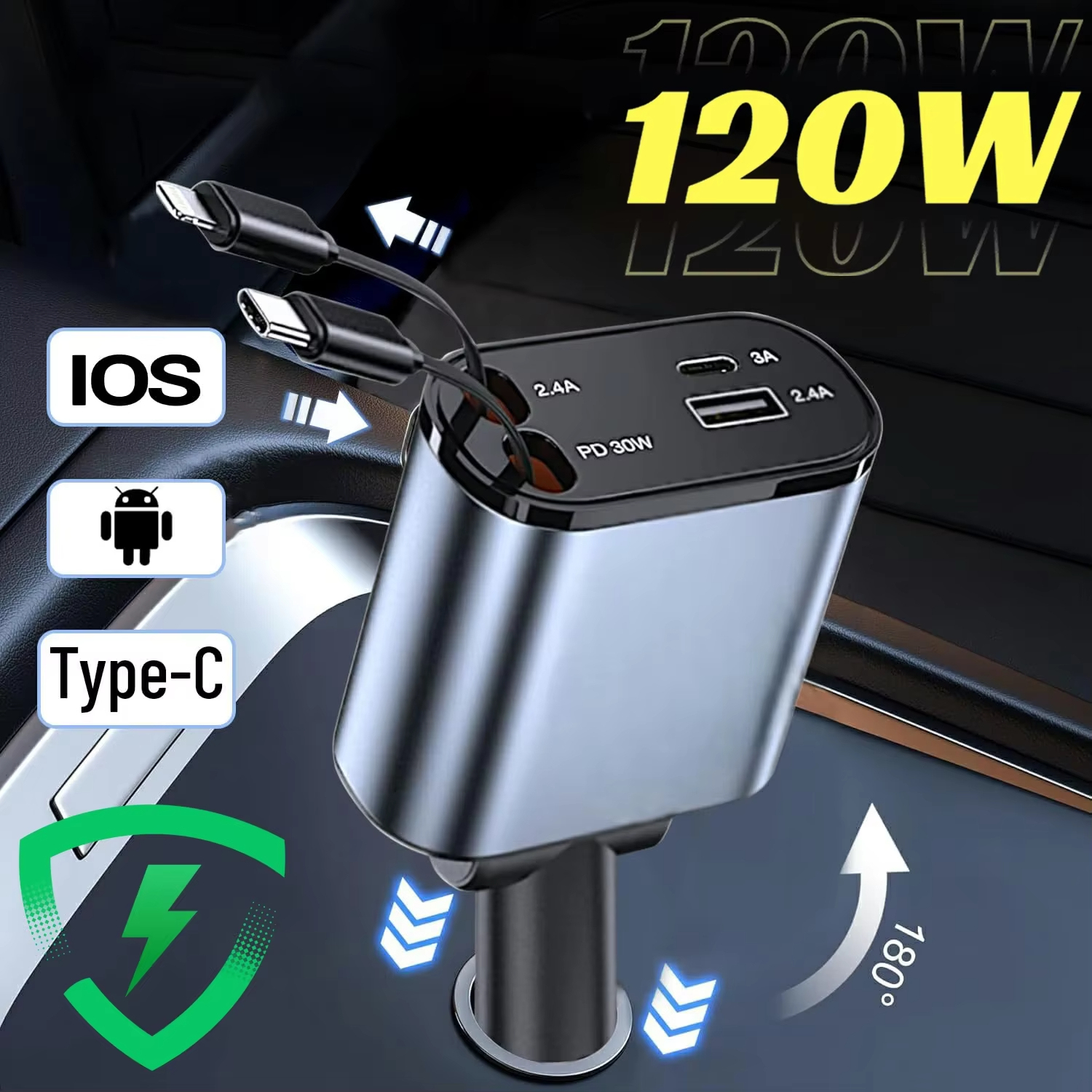 120W 4 in 1 ที่ชาร์จในรถแบบยืดหดได้สาย USB PD Type C สำหรับ iPhone สายชาร์จเร็วอะแดปเตอร์ QC ที่จุดบุหรี่ 1 ที่ชาร์จในรถยนต์แบบหดได้ สายชาร์จเร็วสำหรับ พร้อมที่จุดบุหรี่ Adapter