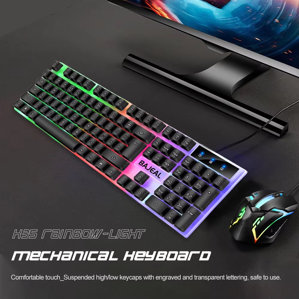 คีย์บอร์ดกลไก Keyboard Gaming RGB 98ปุ่มสายเคเบิล USB ยาว1.5ม. คีย์บอร์ดแบบมีสายเจ็ดสีสำหรับนักเล่นเกมคอมพิวเตอร์แล็ปท็อป