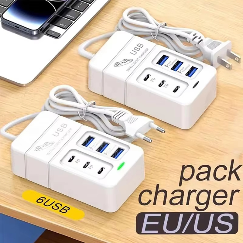 6-In-1 USB Charger 35W PDประเภทC Fast Charge Chargerผนังอะแดปเตอร์โทรศัพท์Quick Charger 3.0 USB Hub EU US Plug 3 USB + 3 PD Charger