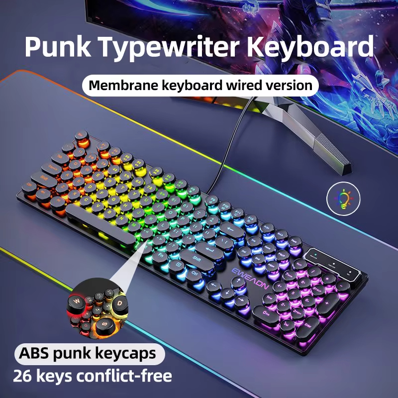 EWEADN GX330 เครื่องพิมพ์ดีดคีย์บอร์ดเกม, 104 คีย์แบบมีสาย Retro Punk Round Keycaps, พร้อม RGB Backlit, สําหรับแล็ปท็อป Windows PC สีดํา