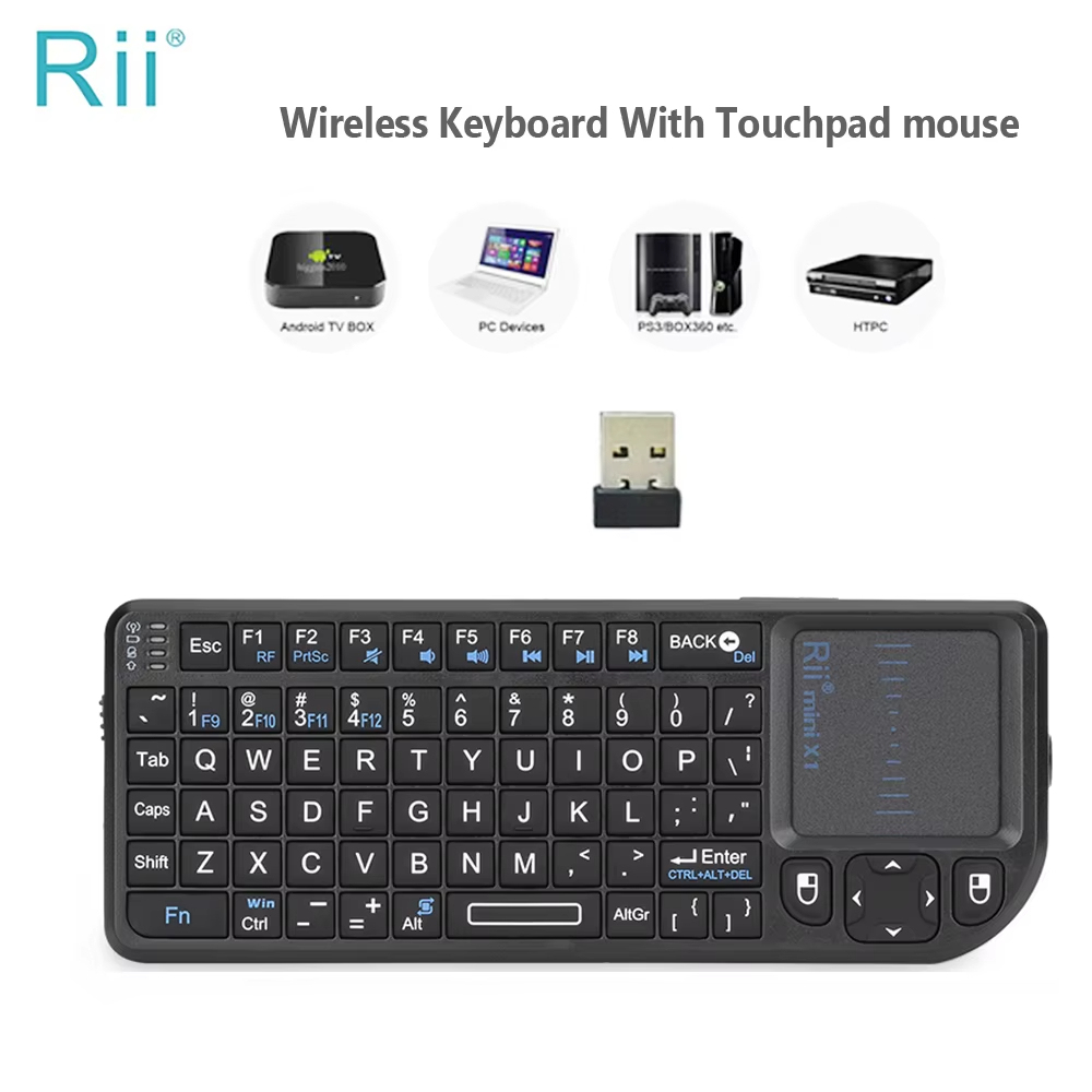 Rii X1 2.4GHz ไร้สายขนาดเล็กแป้นพิมพ์ภาษาอังกฤษ/ES/FR คีย์บอร์ดทัชแพดสำหรับ Android TV Box/PC/แล็ปท็อป