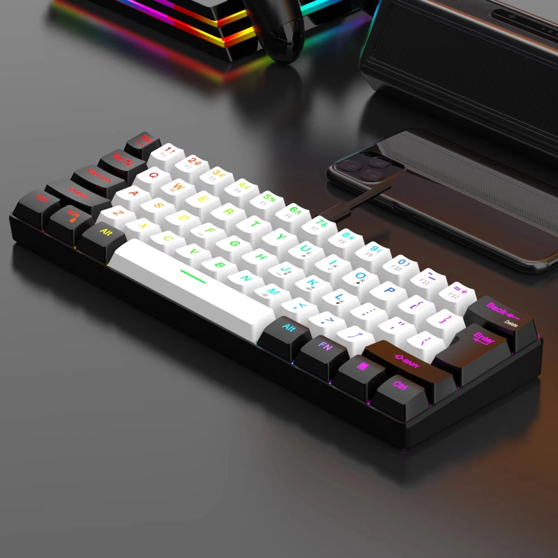 คีย์บอร์ดเกมแบบมีสาย 60%, คีย์บอร์ดขนาดเล็กกะทัดรัดพิเศษแสงพื้นหลัง RGB, คีย์บอร์ด 61 คีย์ขนาดเล็กกันน้ําสําหรับนักเล่นเกมพีซี/Mac