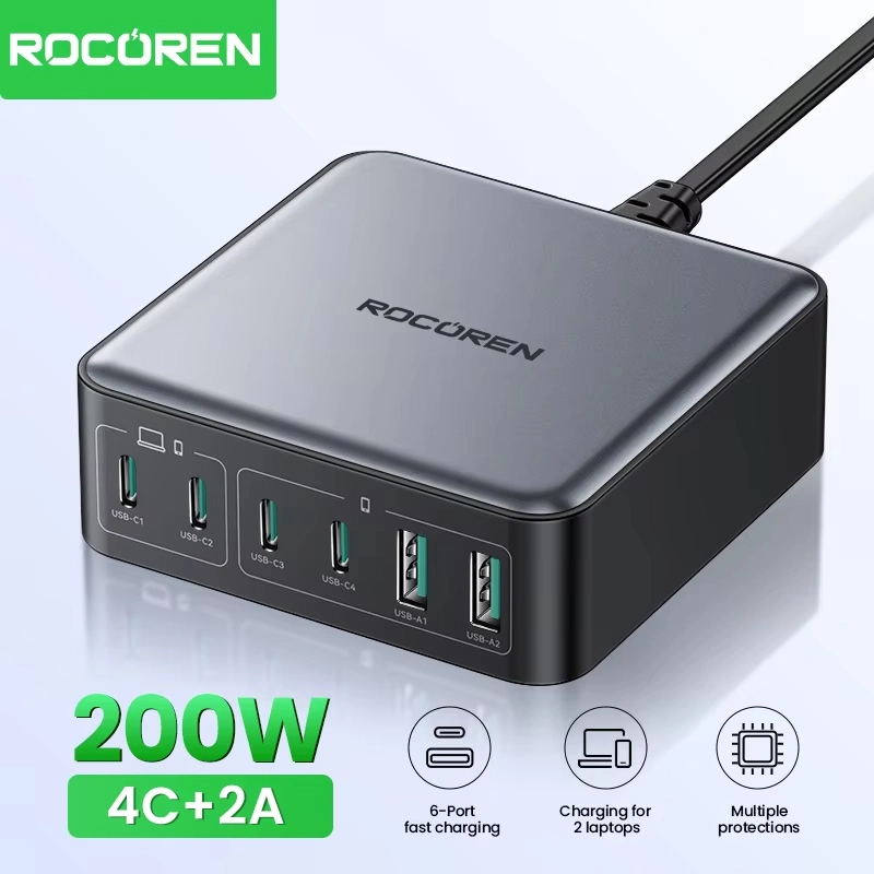 Rocoren 200W 6 พอร์ต GaN Fast Charger Desktop Charger แบบพกพา Power Station USB Type C สําหรับ iPhone 16 15 pro Max samsung