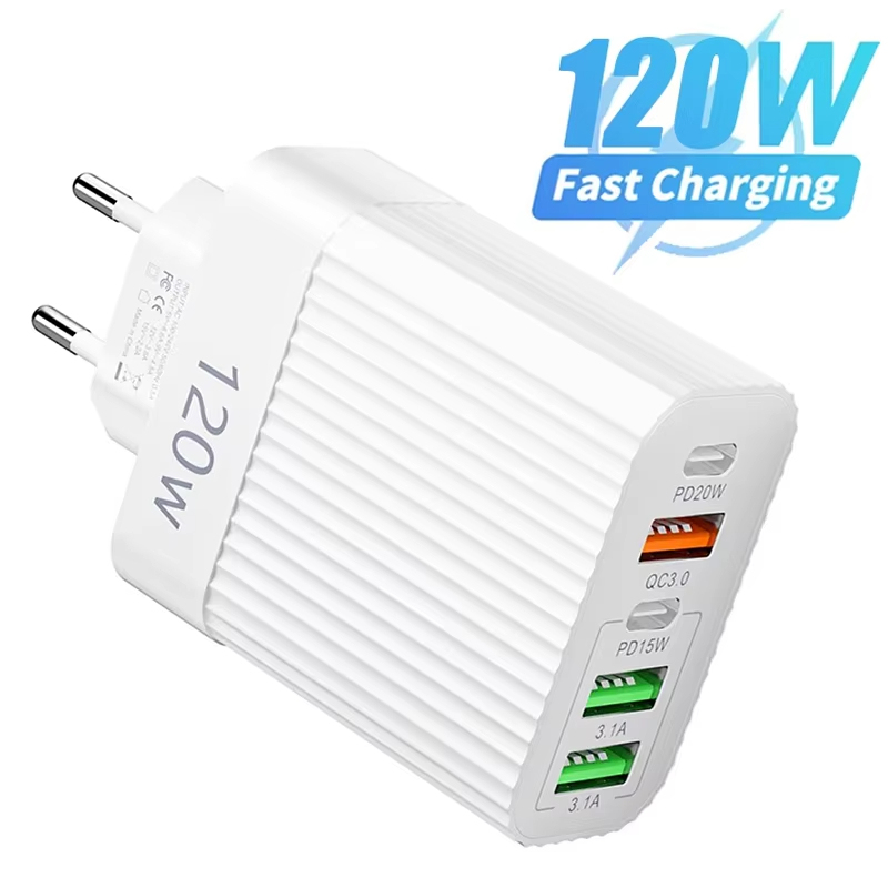 120W Fast Charger หัว Ultra Charger 5 พอร์ต 3 USB 2 ประเภท C PD 20W Charger Quick ความเร็วสูงชาร์จสําหรับ iPhone Xiaomi samsung