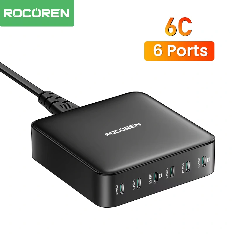 Rocoren ที่ชาร์จ USB แบบ6 in 1, ที่ชาร์จ USB Type C ที่ชาร์จแบบเร็ว PD QC ชาร์จเร็ว PD สำหรับ iPhone 16 15 14 PRO MAX