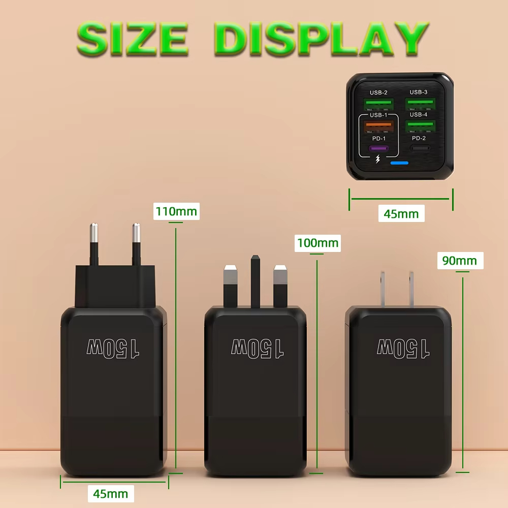 150W 6 PD 4.0 USB C อะแดปเตอร์ชาร์จเร็วสุดๆสำหรับ iPhone Samsung iPad Xiaomi Huawei OnePlus OPPO