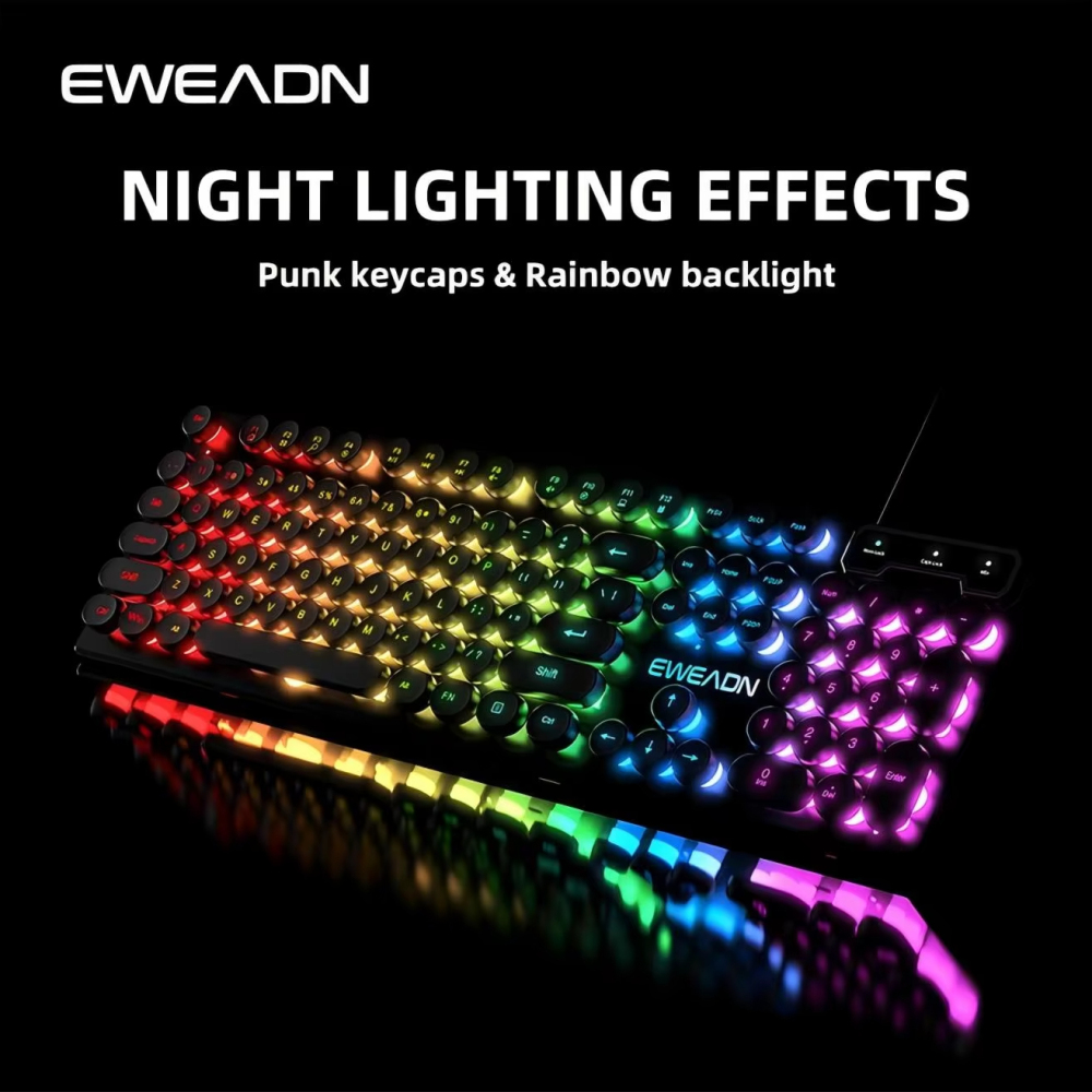 EWEADN GX330 เครื่องพิมพ์ดีดคีย์บอร์ดเกม, 104 คีย์แบบมีสาย Retro Punk Round Keycaps, พร้อม RGB Backlit, สําหรับแล็ปท็อป Windows PC สีดํา