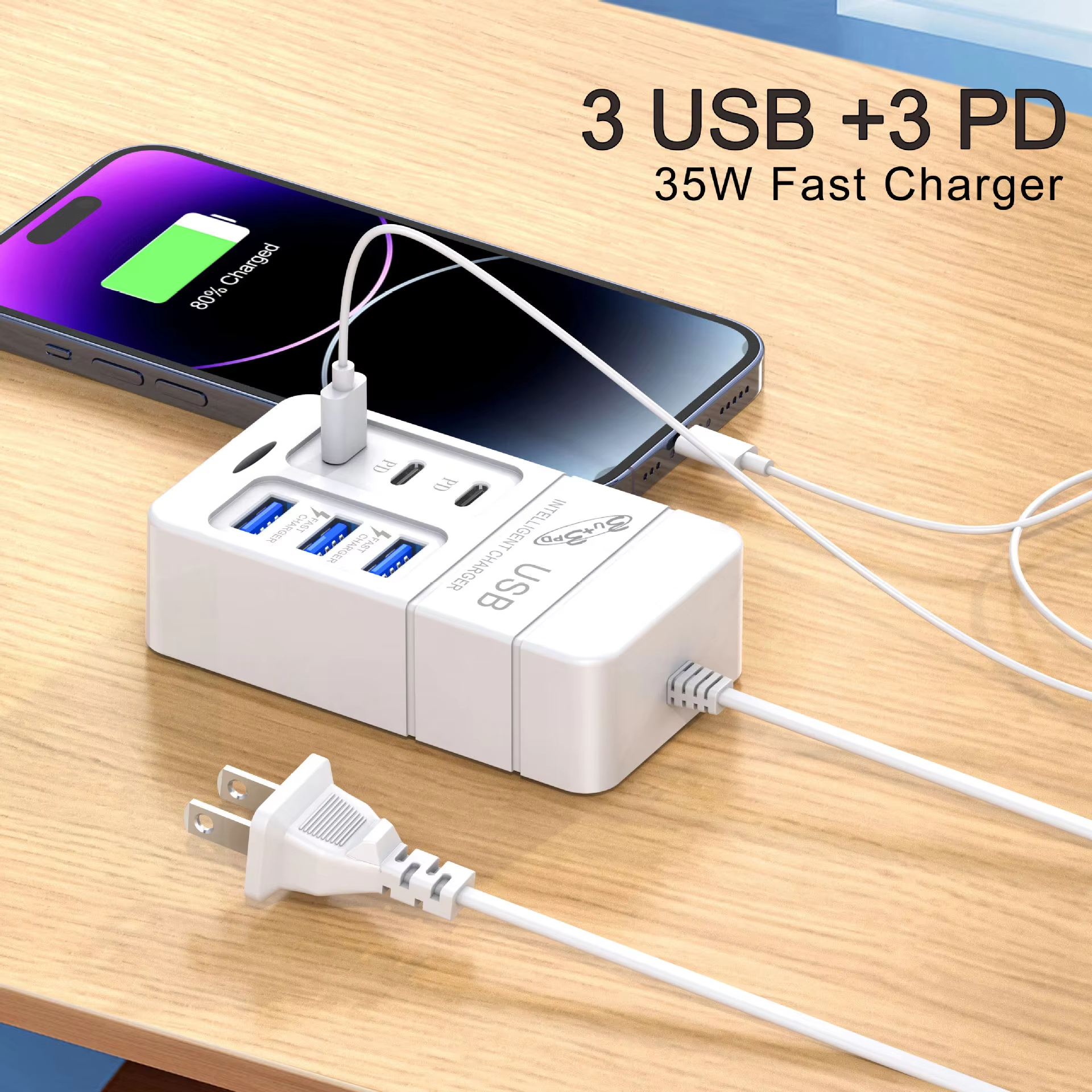 6-In-1 USB Charger 35W PDประเภทC Fast Charge Chargerผนังอะแดปเตอร์โทรศัพท์Quick Charger 3.0 USB Hub EU US Plug 3 USB + 3 PD Charger