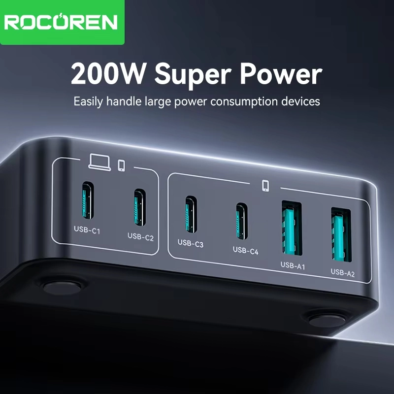 Rocoren 200W 6 พอร์ต GaN Fast Charger Desktop Charger แบบพกพา Power Station USB Type C สําหรับ iPhone 16 15 pro Max samsung