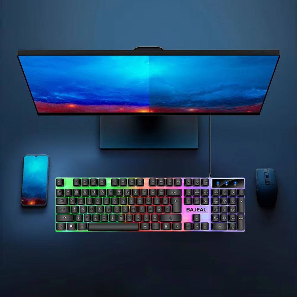 คีย์บอร์ดกลไก Keyboard Gaming RGB 98ปุ่มสายเคเบิล USB ยาว1.5ม. คีย์บอร์ดแบบมีสายเจ็ดสีสำหรับนักเล่นเกมคอมพิวเตอร์แล็ปท็อป