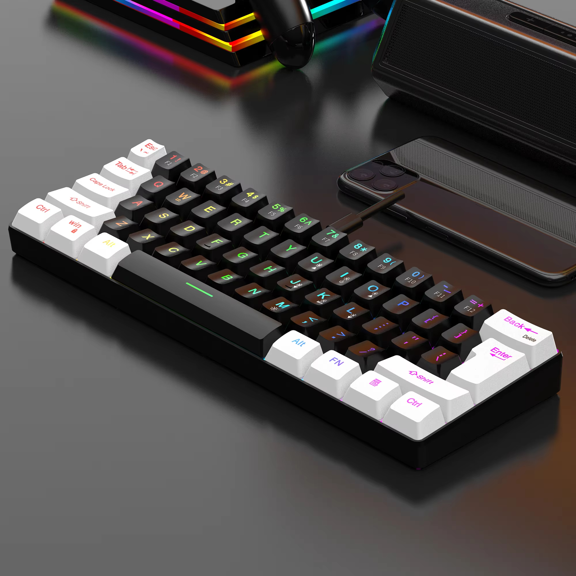 คีย์บอร์ดเกมแบบมีสาย 60%, คีย์บอร์ดขนาดเล็กกะทัดรัดพิเศษแสงพื้นหลัง RGB, คีย์บอร์ด 61 คีย์ขนาดเล็กกันน้ําสําหรับนักเล่นเกมพีซี/Mac